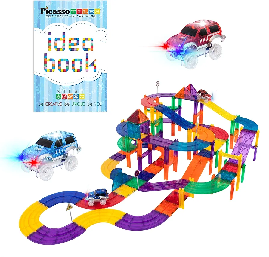 PicassoTiles 100 Piece Race Car Track + Ideabook with Over 150+ Ideas, Magnet DIY Playset 2 LED Car STEM Learning Kit Hand-Eye Coordination Fine Motor Skill Training, Unique Innovative Creations