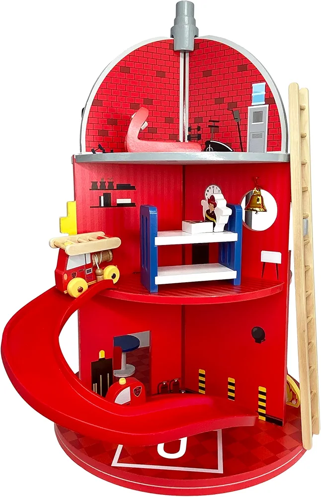 Teamson Kids 3-Story Wooden Fire Station with Two Firefighters and a 25-piece Accessory Set, Red