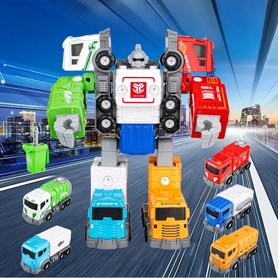 Transforming Robot Toys For Kids, Car Transform Action Figures Toys, 5-in-1 Combined Large Robot Toys Racing Car Trucks Construction Vehicle Toy for Christmas Birthday Gift Boys Girls Aged 3 4 5 6 7 8