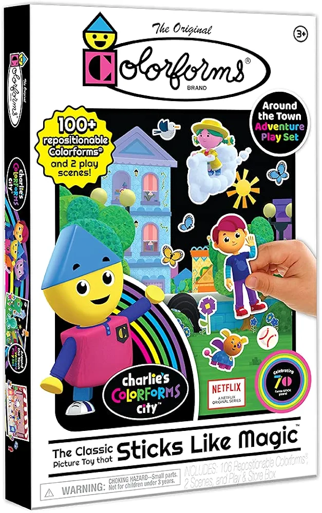 Colorforms — Picture Playset — Charlie's City — The Classic Picture Toy That Sticks Like Magic! — for Ages 3+,with 106 Repositionable Colorforms, 2 Scenes, and Play & Store Box