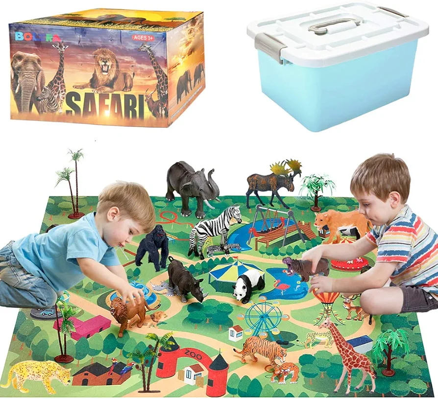 BOLZRA Safari Animals Figurines Toys with Activity Play Mat & Trees, Realistic Plastic Jungle Wild Zoo Animals Figures Playset with Elephant, Giraffe, Lion, Gorilla for Kids, Boys & Girls, 22 Piece