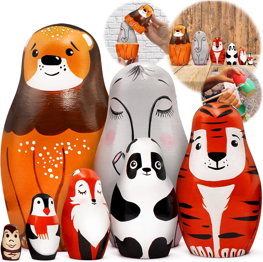 Zoo Animals Nesting Dolls Set 7 pcs - Russian Dolls as Cute Zoo Animal Figures - Wooden Stacking Animals - Zoo Animal Decor for Nursery - Toy Animals