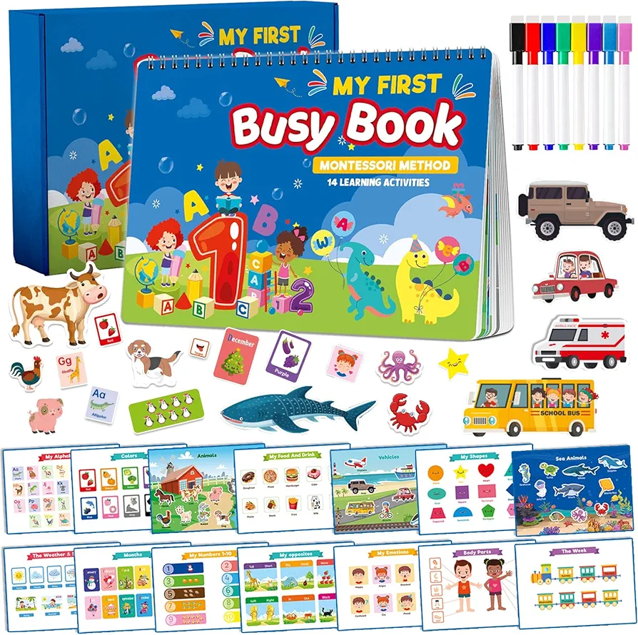 TEUVO Montessori Busy Book for Toddlers 1-3 2-4 3-5, Preschool Learning Activities Coloring Books with Themes Travel Toys & Education Autism Sensory Learning Christmas Birthdays Gifts for Boys Girls