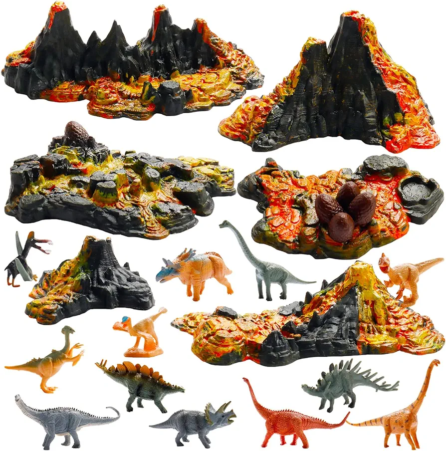 6 Pcs Mini Volcano Model with 12 Pcs Mini Dinosaur Figures Plastic Dinosaurs Figurines Artificial Volcano Set for Dinosaur Cake Topper Birthday Gifts Party Favor