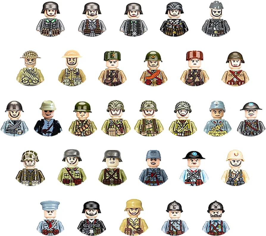 WW2 Soldier Minfigures Toy for Kid, 30 National Military Figures American German British Italian French Other National Figures Battle Playset, Form Your own WW II Military Allied Forces