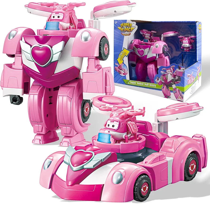 Super Wings Transformer Toys, 7" Super Robot and 2" Mini Dizzy Transforming Suit, 2 in 1 Car Robot Toys Action Figure, Racing Cars Playset for Boys and Girls Age 3+, Gifts for Preschool Kids, Pink