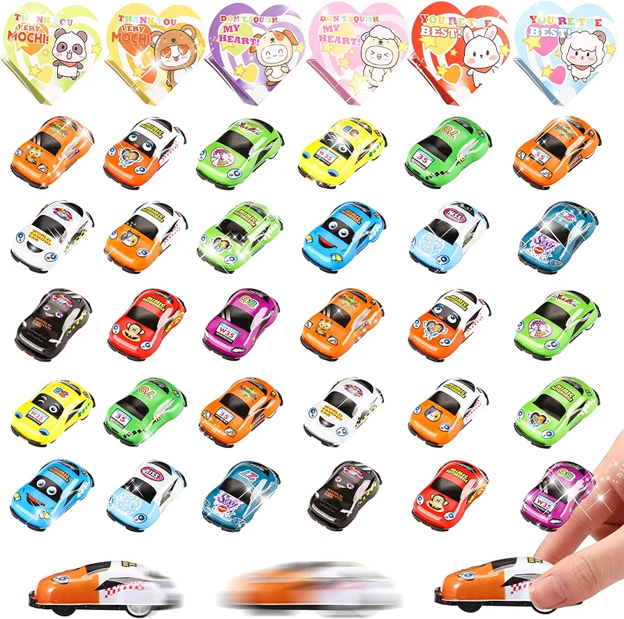 veduta Valentines Day Gifts Toys for Kids - 30 Packs Valentines Day Heart Boxes with Bulk Pull Back Car Toys, Ideal Valentine Toys Car for Toddlers Kids Valentine School Classroom Exchange