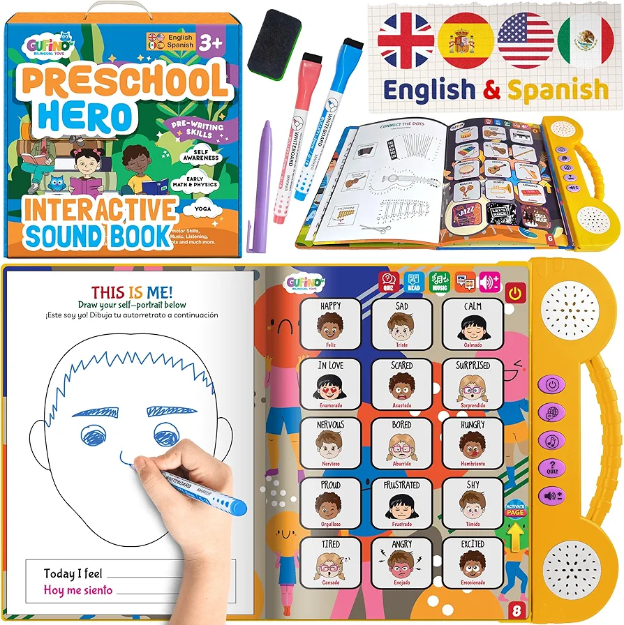 Bilingual Preschool Learning Activities with 2 Dry Erase Markers, Great Toddler Learning Activities. Reusable Spanish and English Preschool Workbook Homeschool Supplies