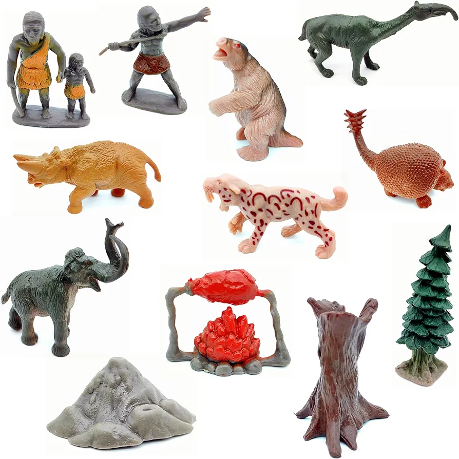 Prehistoric Life Scene Toys Mammoth Saber-Toothed Tiger Wolf Figures Primitive Human Animal Playset 12 PCS