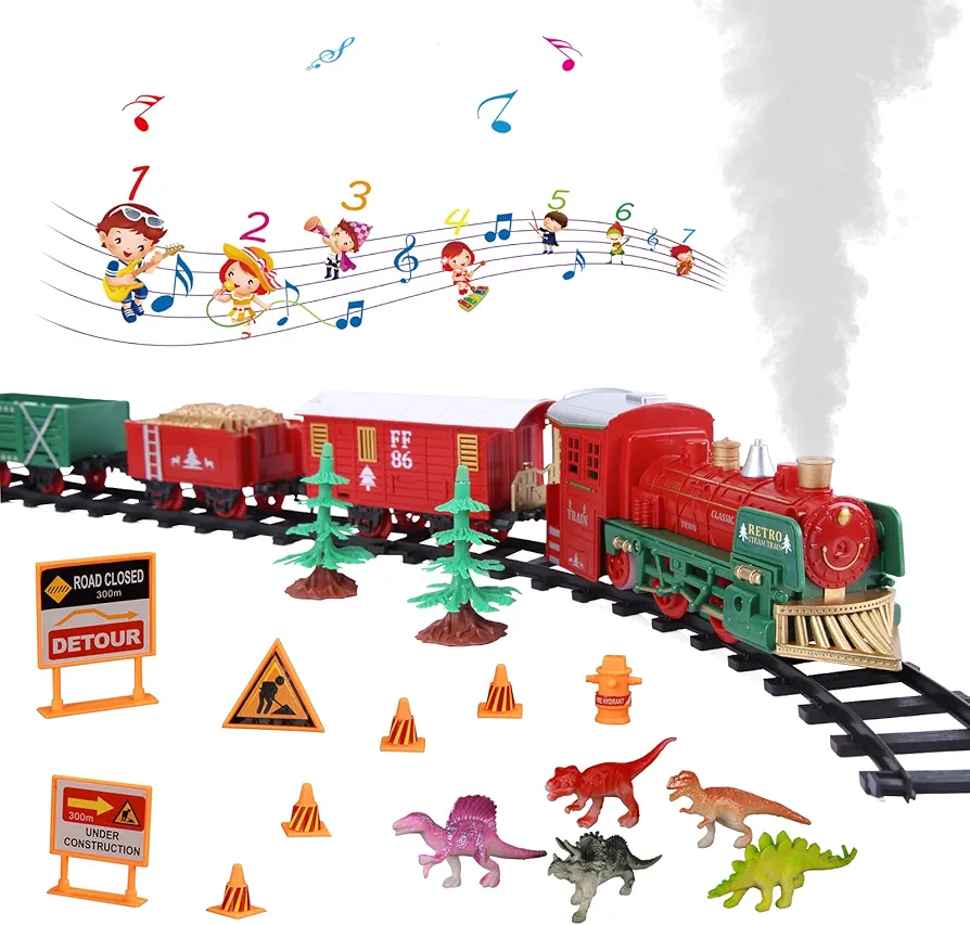 Electric Train Set for Boys and Girls - Christmas Train Set with Real Smoke, Sounds & Lights - Classic Toy Train with Steam Locomotive Engine - Includes 3 Train Cars and 10 Tracks