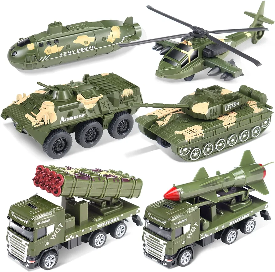 CORPER TOYS Military Toys Car Set, 1:55 Scale 6 Pack Army Helicopter Truck Toy Tank Missile Vehicle Armored Car Submarine Pull Back Diecast Truck Realistic Playset for Boys Girl Kids Birthday