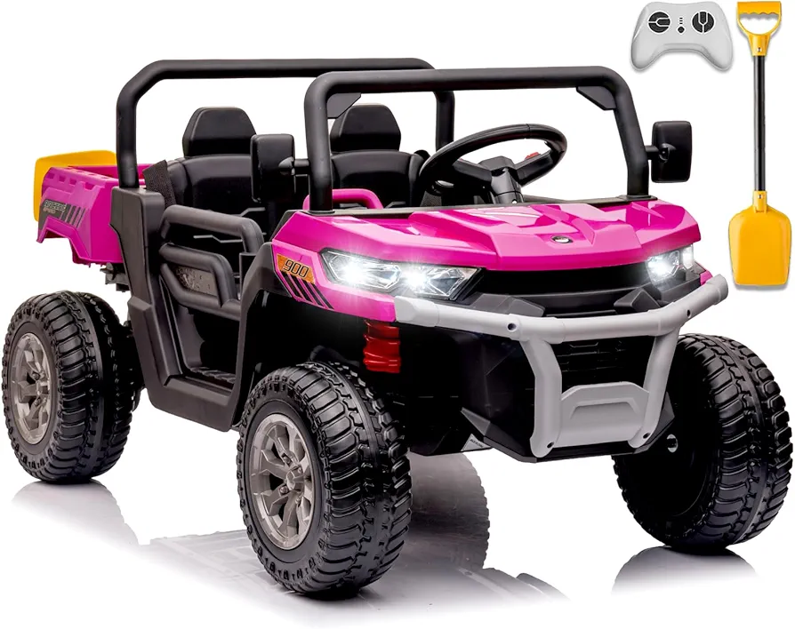 Kids Ride On Dump Truck with Electric Dump Bed, 24V 2 Seater Ride on Toys Car with Remote Control, Kids Electric Vehicle 4WD Buggy UTV, EVA Tires, 4 Shock Springs, 4x75W Motors, Music, Bluetooth, Pink