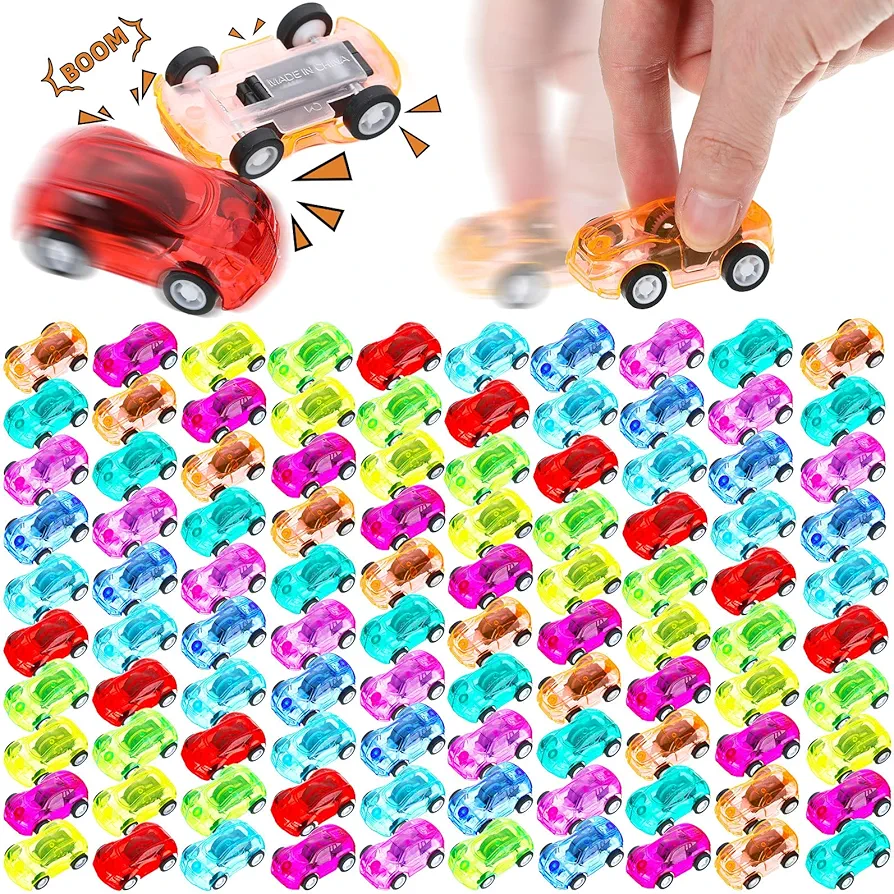 100 Pcs Mini Pull Back Cars Bulk Plastic Racing Vehicles Pull Back Car Friction Powered Small Racing Cars Playsets for Kids Birthday Christmas Classroom Prizes Goodie Bags Fillers Classroom Prizes