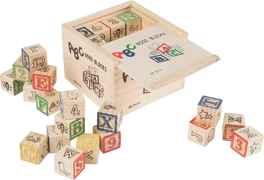 Hey! Play! ABC and 123 Wooden Blocks- Alphabet Letters and Numbers Learning Block Set-Educational STEM Toy for Toddlers and Preschool Age Children