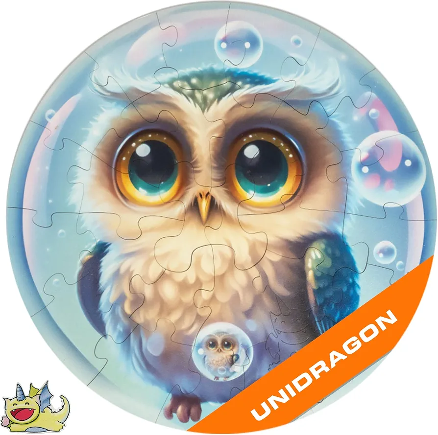 UNIDRAGON Original Wooden Jigsaw Puzzles for Kids Ages 3-5 — Bubblez Owl — 30 Pieces Puzzle Round Shape 9.8×9.8 Inches Toddler Kids Activities Tiny Animals Preschool Toys Brain Teasers Frog