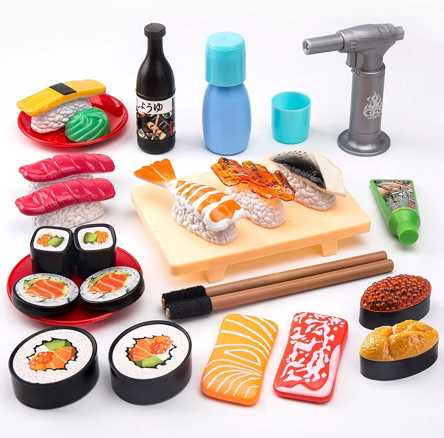 Sushi Slicing Play Food Set, 34Pcs, 3+ Ages LED Light with Color Changing Pretend Food Toys Accessories with Velcro for Kids, Play Kitchen for Toddlers, Learning Gift for Girls Boys