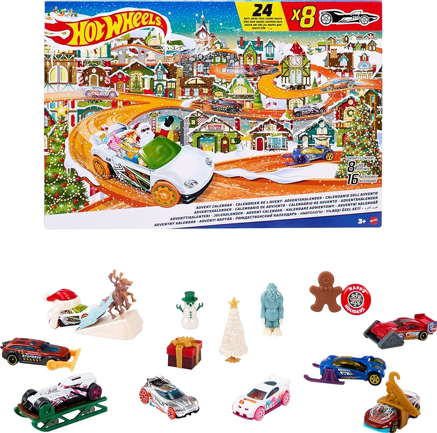 Hot Wheels Toy Car Set, 2023 Advent Calendar with 8 1:64 Scale Vehicles, 16 Accessories & Playmat for Kids & Collectors