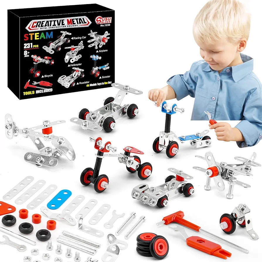 Cars & Airplane Metal Model Set, Building Kit Model, 231 PCS 6 Models Metal STEM Project Building Toys for Kids Ages 8-12, Assembly Vehicles Metal Toys Model