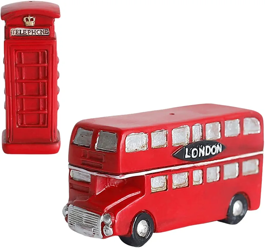 NUOBESTY 2Pcs Vintage London Telephone Booth Statues Resin Vintage Bus Mini Bus Car Model Toy Sculpture for Home Bar Desktop Decoration