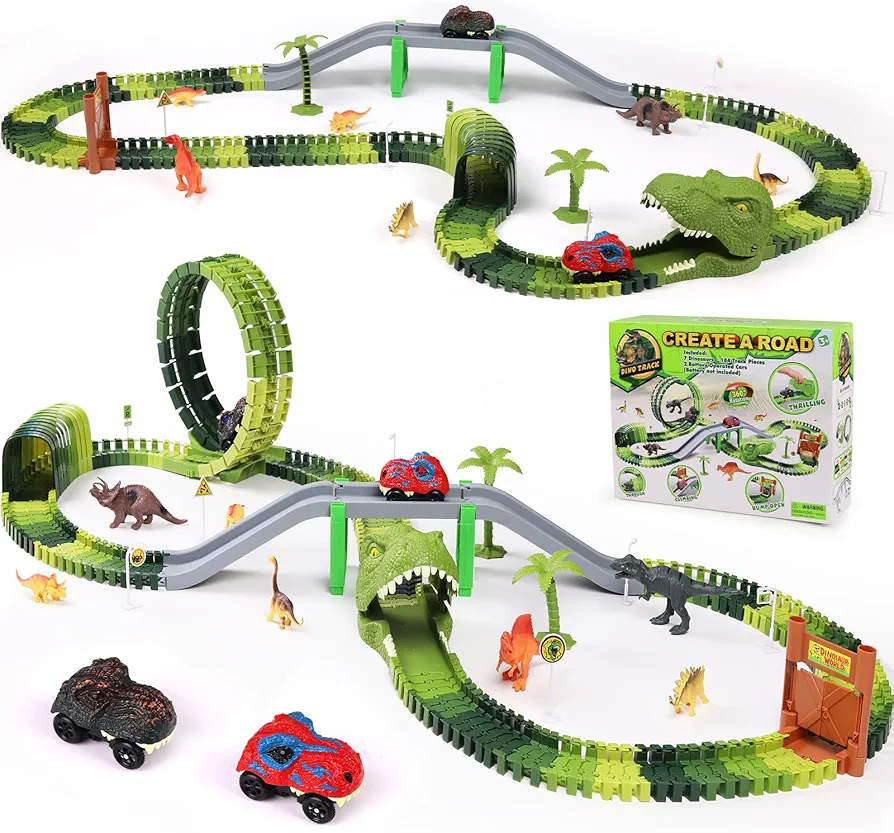 Dinosaur Race Track Toys for Kids Toddlers, Flexible Train Tracks with 3 Dinosaur Cars