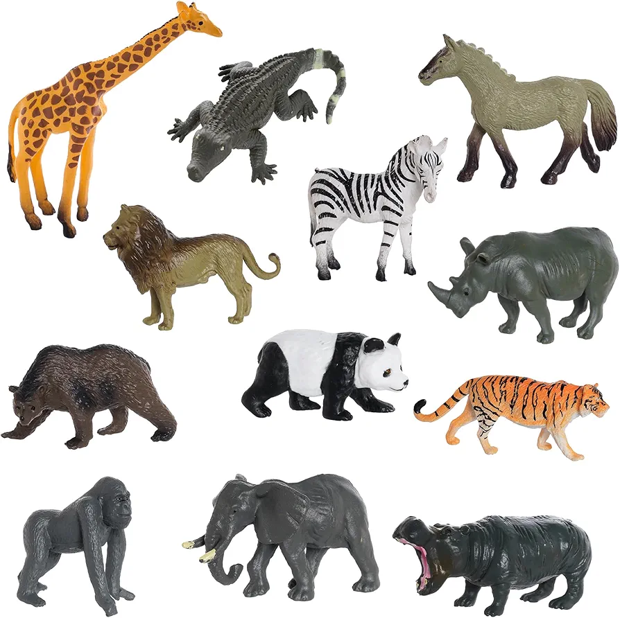 12Pcs Mini Safari Animals Figures Toys, Plastic Forest Jungle Zoo Animals Figurines, Realistic Wild Rainforest Animals Playset for Kids Toddlers, Cake Toppers Party Favor Christmas Birthday Gift