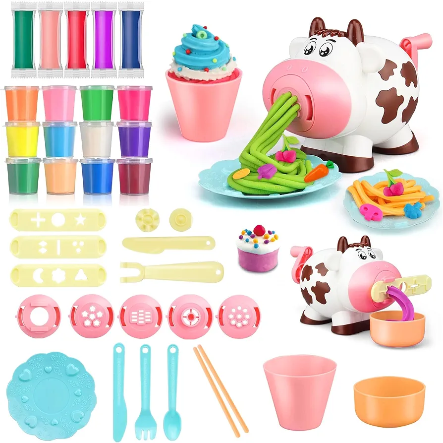 Playdough Kitchen Creations Ice Cream Playset for Toddlers,40Pcs Noodle Party Playset,Preschool Toys Playdough Sets for Kids Ages 4-8,Boys and Girls Gift,17 Non-Toxic Clay Dough Included