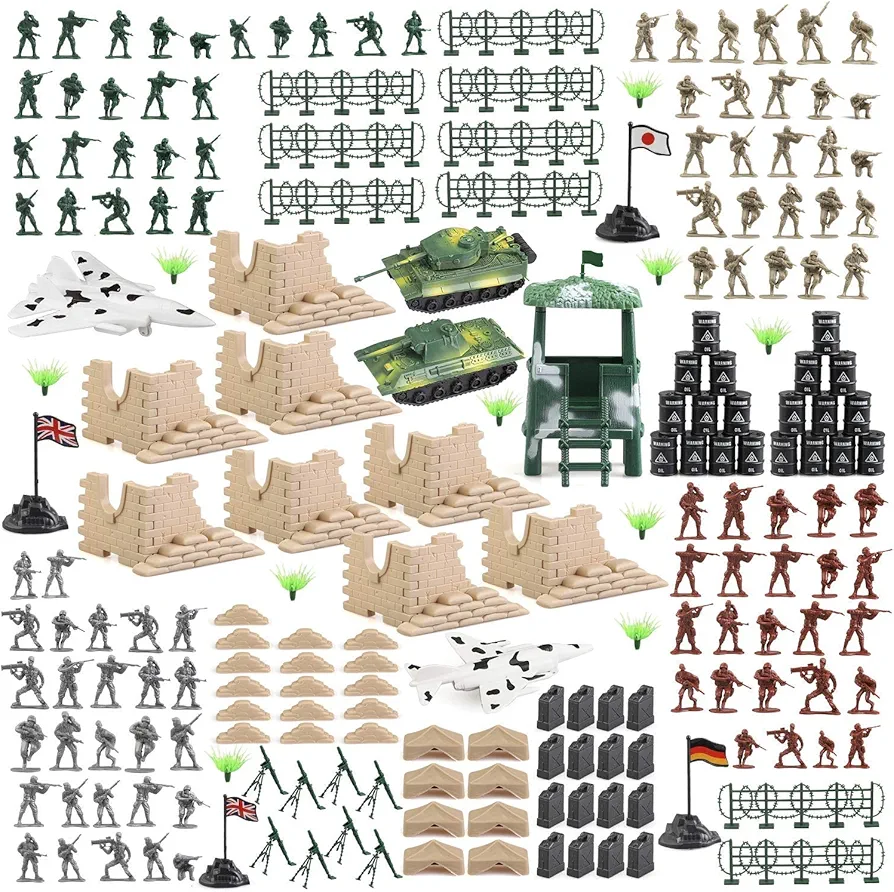 kramow 250 PCS Army Men Army Soldier Plastic Toys, Military Action Figures Playset with Tanks, Planes, Soldier Figures and Accessories for Kids Boys and Girls