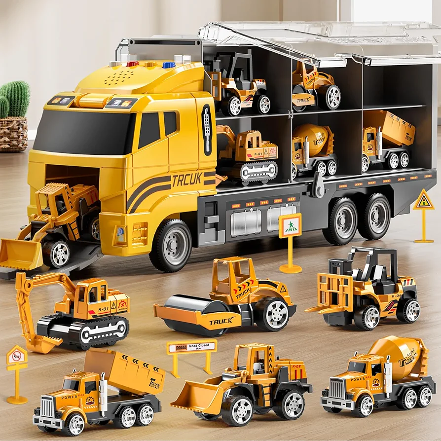 TEMI Construction Truck Toy Set with Play Mat, Carrier Truck Toys for Kids Toddlers, Die-Cast Metal Toy Car Set, Truck Car Kids Toys Christmas Birthday Gift for Age 3 4 5 6 + Years Old Boys Girls