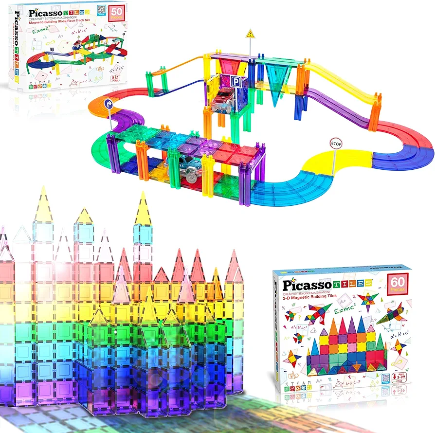 PicassoTiles 50PC Magnetic Race Car Track + 60PC Magnet Tiles, Fun & Creative Playset: STEAM Learning, Enhance Construction Skills, Hand-Eye Coordination and Fine Motor Skills, Gift for Boys and Girls