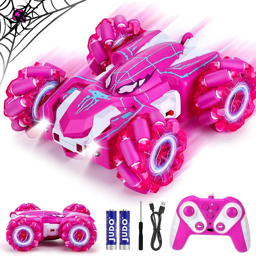 Pink Remote Control Car for Girls, 2.4Ghz Double Sided Drift RC Cars, 360°Rotating 4WD Off-Road Drift Spider Toys Car with Cool Lights, Rechargeable Car Toys for 6 7 8 9 10 11 12 Girls Birthday