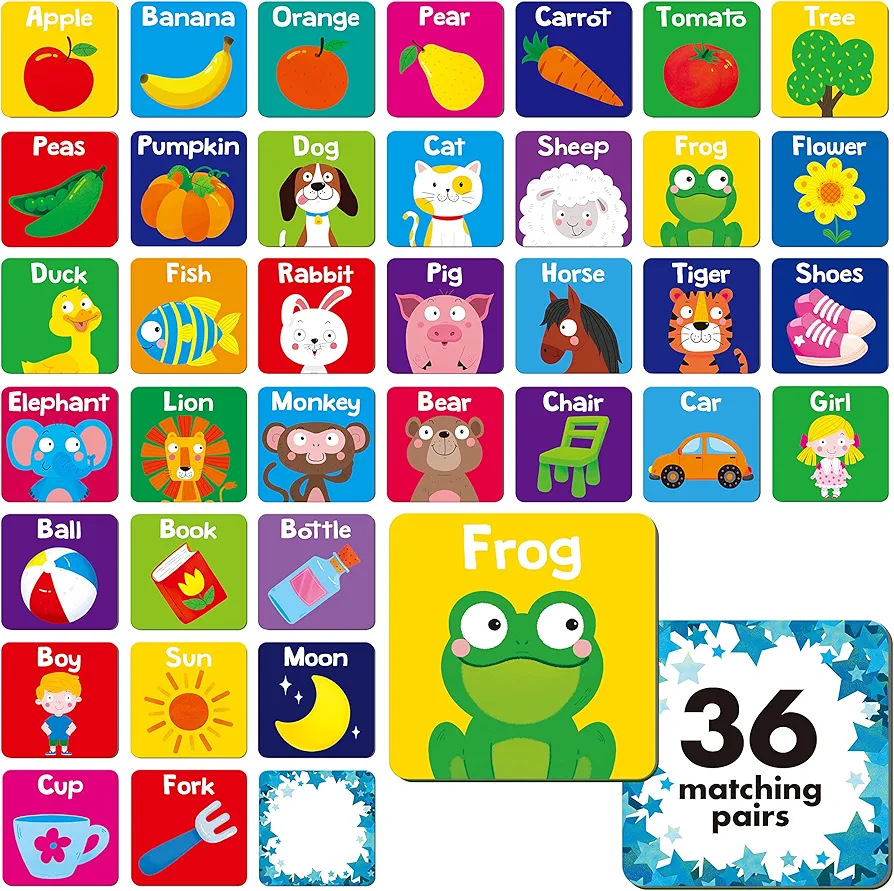 Hebayy Memory Matching Game, 72 PCS First Words Matching Cards for Toddlers 36 Pairs Memory Cards Educational Toys for Preschool 4 5 6 Years Old