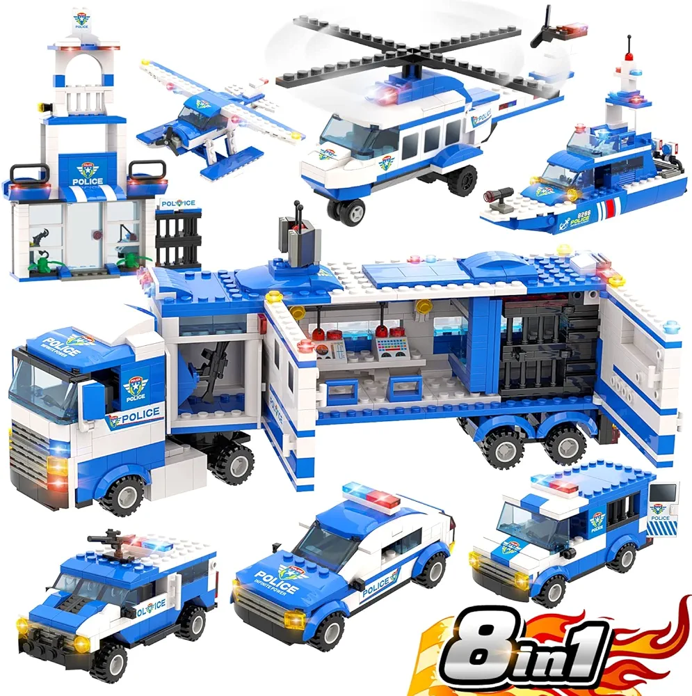 WishaLife 8 in 1 City Police Mobile Command Center Truck Toy Building Set, with Police Station Toy, Police Car Toy, Helicopter Toy, Boat Toy, Fun Police Toys Gift for Kids, Boys and Girls Ages 6 Plus