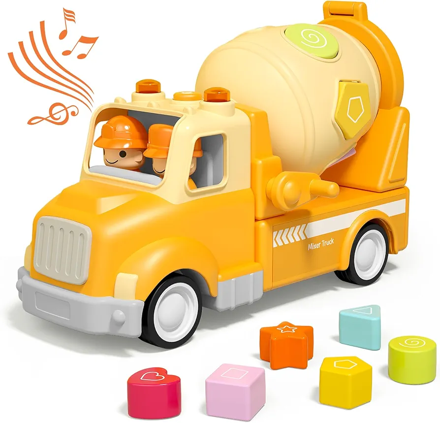 Cement Mixer Truck Construction Car Toys For Kids, Construction Car with Sound and Light, Shape Sorter Learning & Education Preschool Vehicle for 18M+ 2 3 4 5 Years Old Boy Christmas Birthday Gift