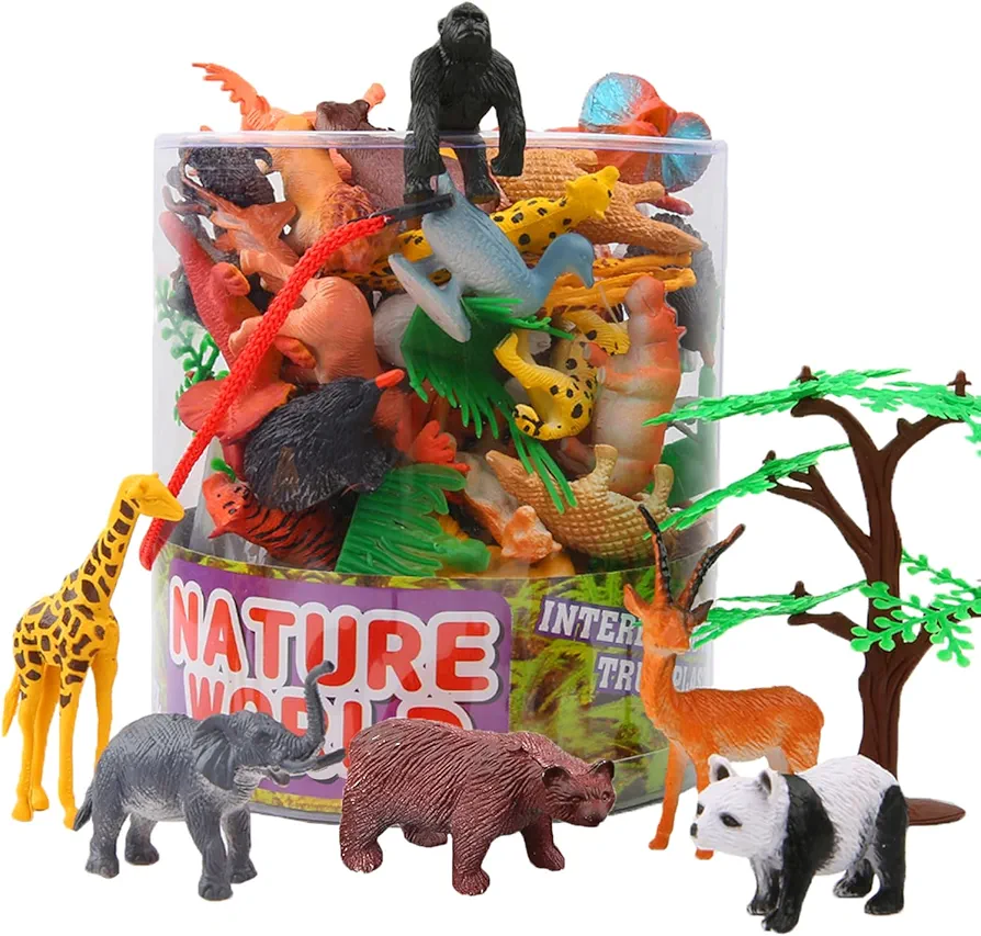 54-Piece Mini Jungle Animals Set-Realistic Wild Animal Figures with Gift Box, Toys for 3 Years Old Kids' Learning, Party Favors, Halloween Goody Bag Filler, Christmas Stocking Stuffers