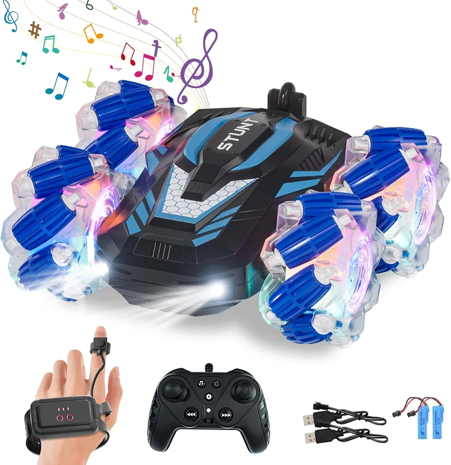 New Gesture Sensing RC Stunt Car with Lights Music, Hand Gesture Remote Control Car 360° Spins Double Side Twisted Glove Controlled RC Car Birthday Gifts Toys for 6 7 8 9 10 11 12 year old boys