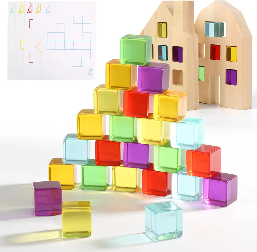 Wooden Building Blocks Set for Kids, 24PCS Rainbow Gem Cubes Stacking Toy with 2 Wooden House, Preschool Learn Color Light Shadow Montessori Toys for Toddler 3-6(5 Pattern Cards)