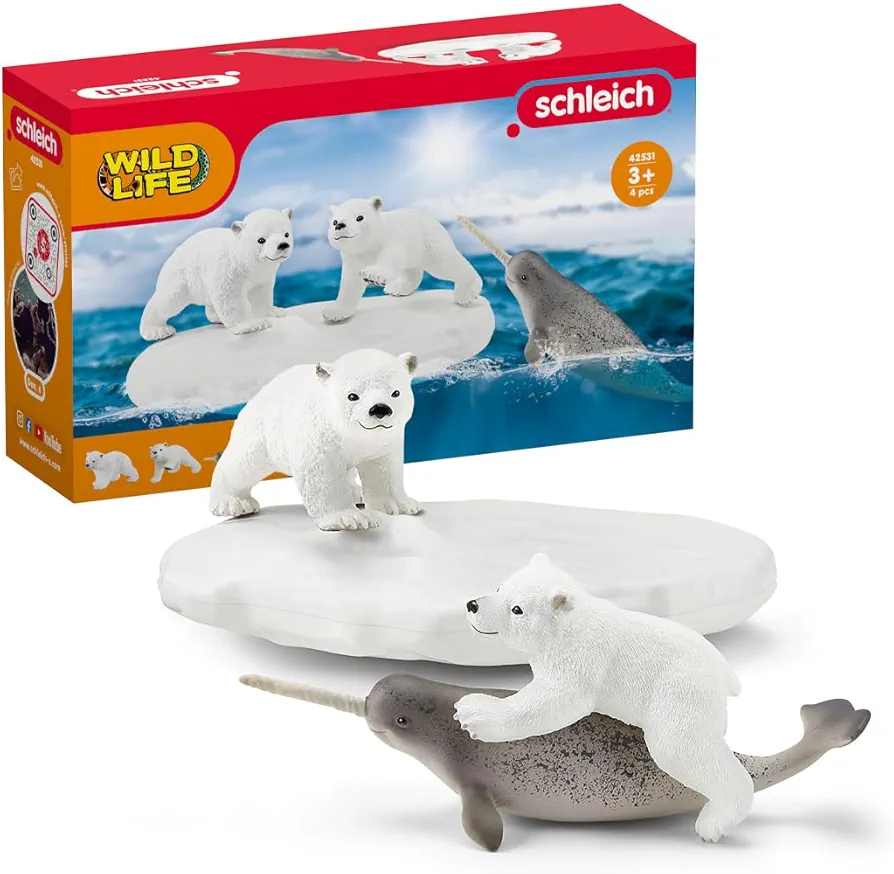 Schleich Wild Life 4pc. Polar Playground with Polar Bear Cub and Narwhal Figurines - Highly Detailed Polar Playset, Durable for Education and Fun Play, Perfect for Boys and Girls, Ages 3+