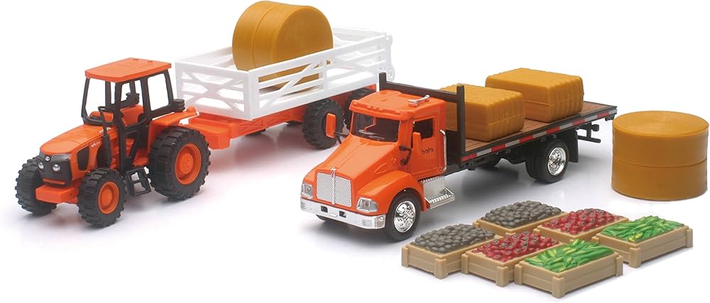 NewRay Kubota Farm Playset with M5 Tractor Truck Trailer Bales and Crates 1/43 Scale Model Vehicles