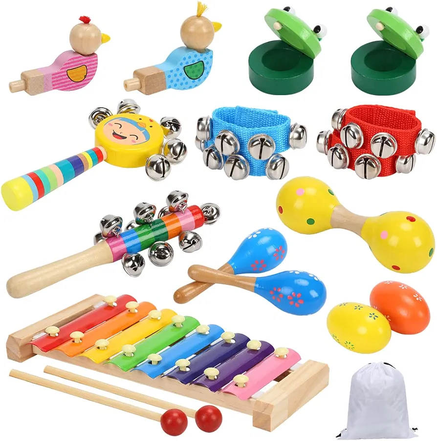 Toddler Musical Instruments Toys , Wooden Percussion Instruments for Kids Preschool Educational with Xylophone , Rattles and Storage Bag