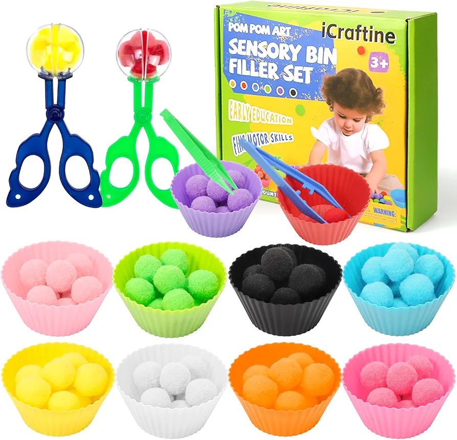 114 PCS Fine Motor Skills Sensory Bin Filler Includes 10 Sorting Bowls, 100 Pom Poms, 2 Tweezers, 2 Scooper Scissors for Kids Early Education, Counting Sorting Training Development