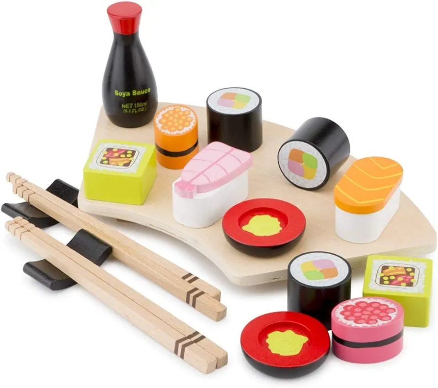 New Classic Toys Wooden Sushi Set - Pretend Play Toy for Kids Cooking Simulation Educational Toys and Color Perception Toy for Preschool Age Toddlers Boys Girls