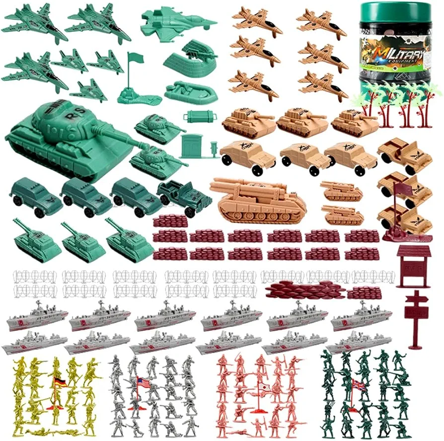 ViiKONDO Army Men Toy Military Set Green vs Gray Soldier 200pcs Storage Bucket Epic WWII UK/US/Japan/Germany Battle Tank Fighter Jet Vehicle Warship Model Boy’s Wargame Gift