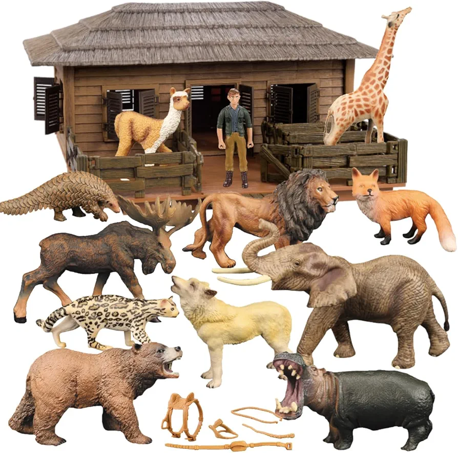 Exciting Large Wild Animal Farm Barn Figures Playset, Big Farmhouse Realistic Hunting Wildlife Animal Model Toy Set with Farm House (Wildlife)