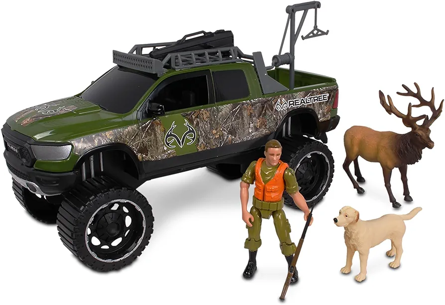 NKOK 1:18 Realtree 8 Piece Ram 1500 Rebel Elk Hunting Playset, Allows Children to Pretend Play and Use Their Imagination, Hunting Playset, for Ages 3 and up; Colors will vary