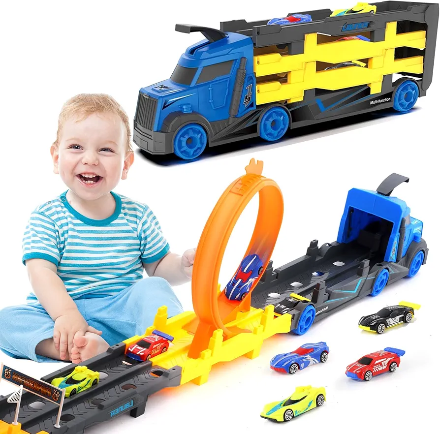 Toddler Transport Truck Toy Set, 57 INCH Deformable Mega Hauler Truck with Ejection Race Track and 4 Small Race Cars, Birthday for Kids Boys Girls 2 3 4 5 Years