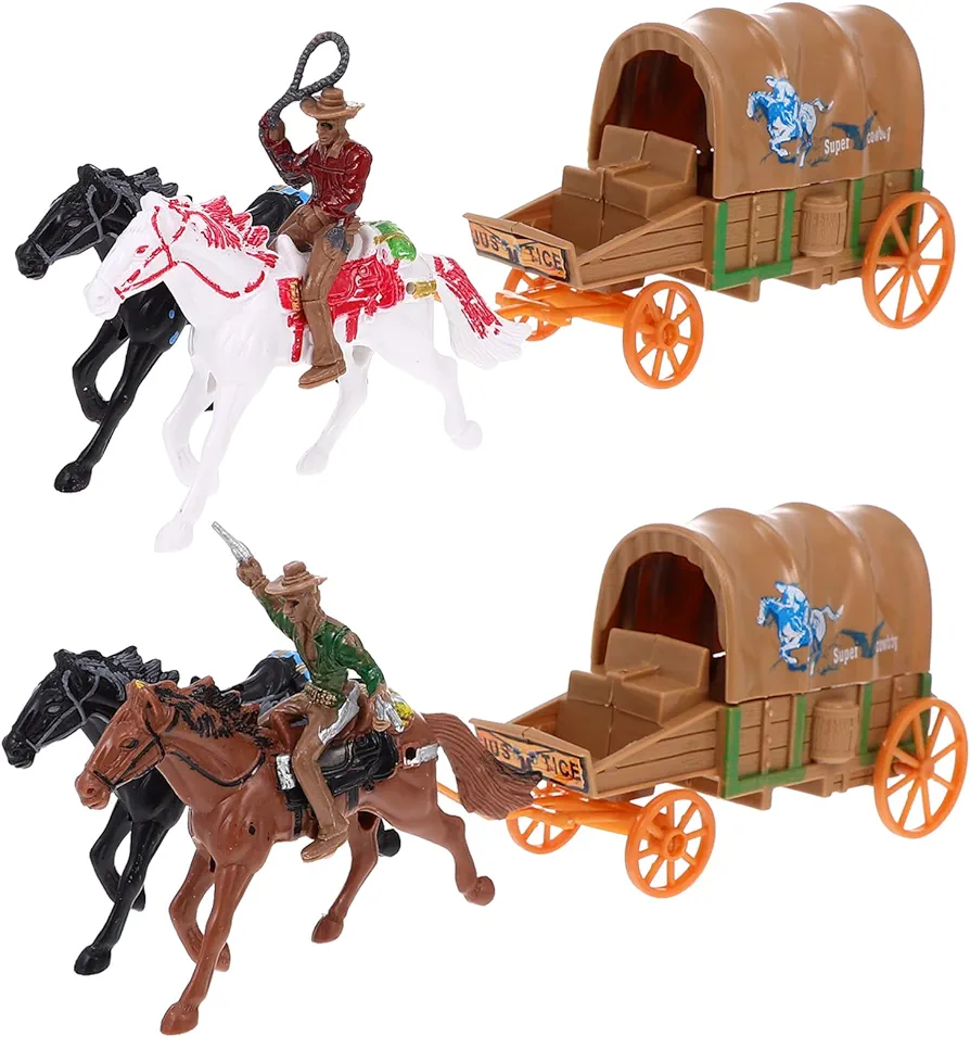 2 Sets of Wild West Cowboys Toy, Plastic West Figurines Horse Carriage Model Playset, Wild West Figure Playset Educational Toys for Boys Girls Kids Birthday