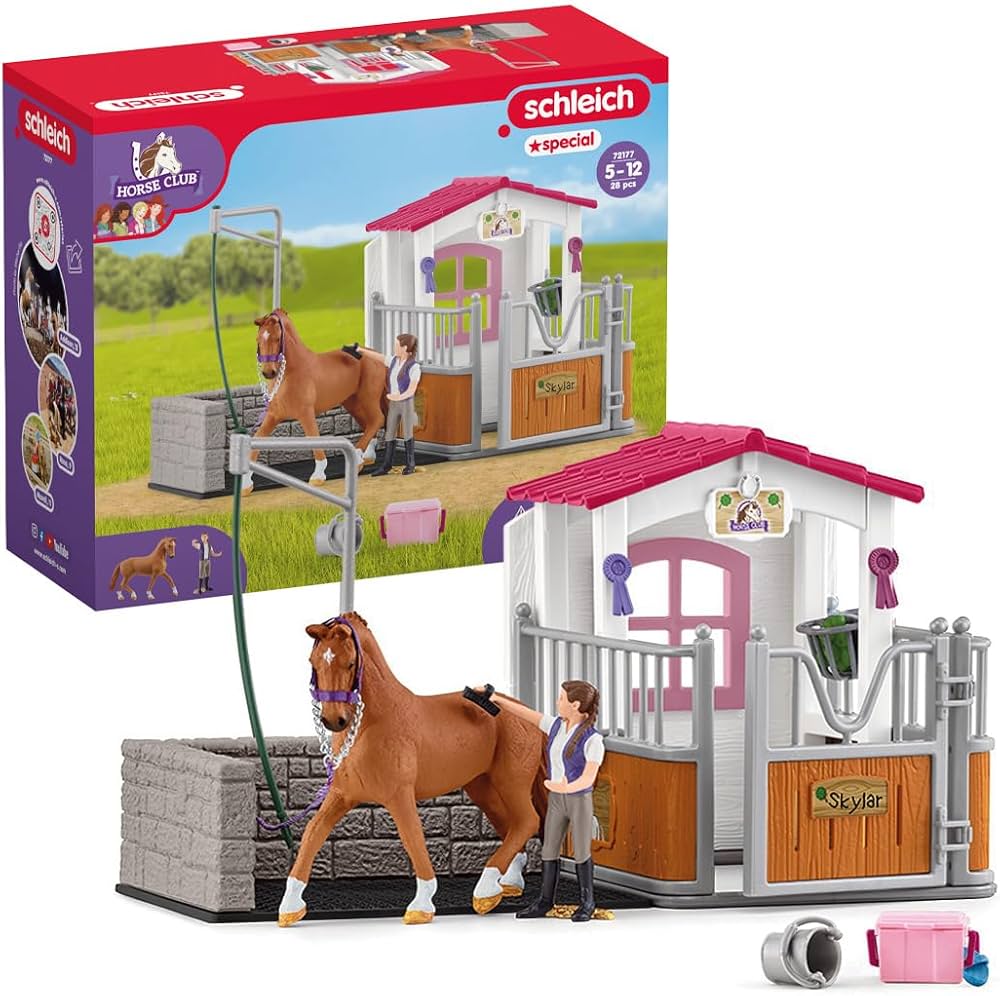 Schleich Horse Club 13-Piece Toy for Girls and Boys Ages 5+, Horse Wash Area with Stall (72177) Multi-Color