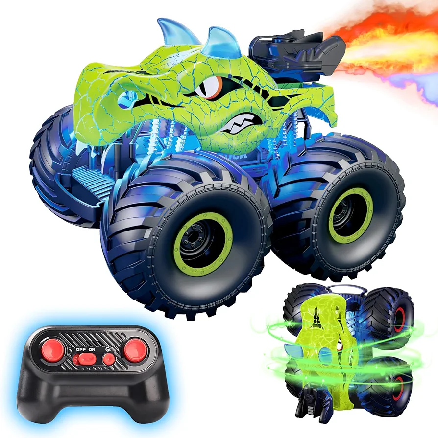 HONGID Dinosaur Remote Control Car,2.4 GHz RC 4WD Monster Trucks for Boys Girls with Light,Sound&Spray,2 Batteries,Dinosaur Toys for Kids 3-5-7,Christmas Stocking Stuffers Gifts for Boys Girls