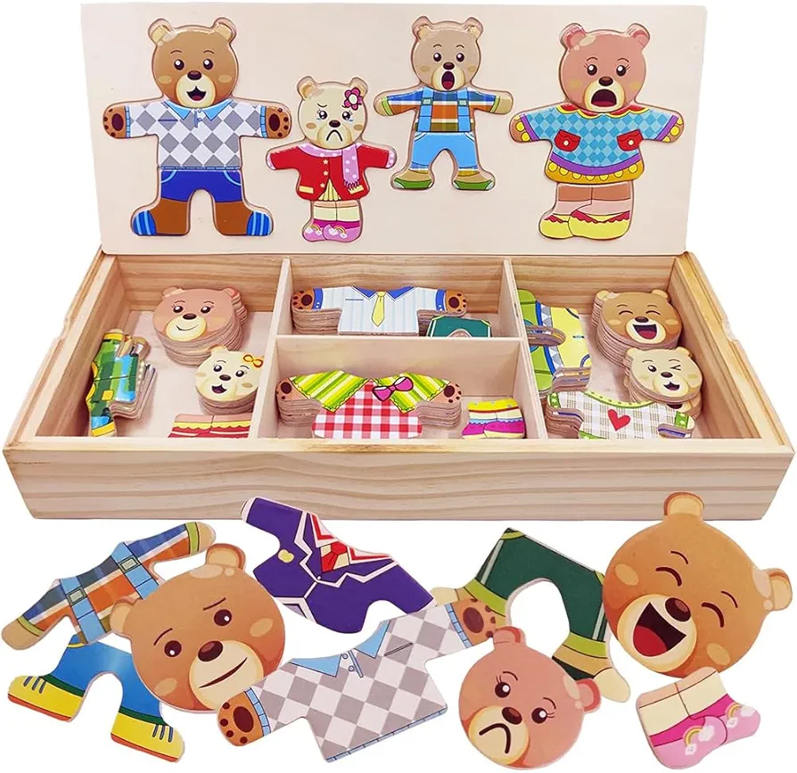 Wooden Jigsaw Bear Family Puzzle Box, Dressing Puzzles Toys, Dress-up Puzzle Set（72 pcs）- Change Clothes Games Puzzles for Toddlers 3-6, Preschool Learning Activities Toys for Kids Ages 3+