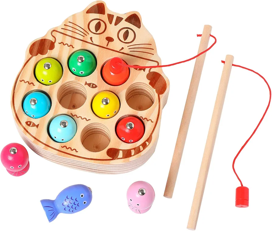 Montessori Magnetic Wooden Fishing Game for Toddlers 1-3 Years Old,Fine Motor Skills Early Learning Eyes Hands Cooperation Toy for Boys & Girls Great Birthday Gift